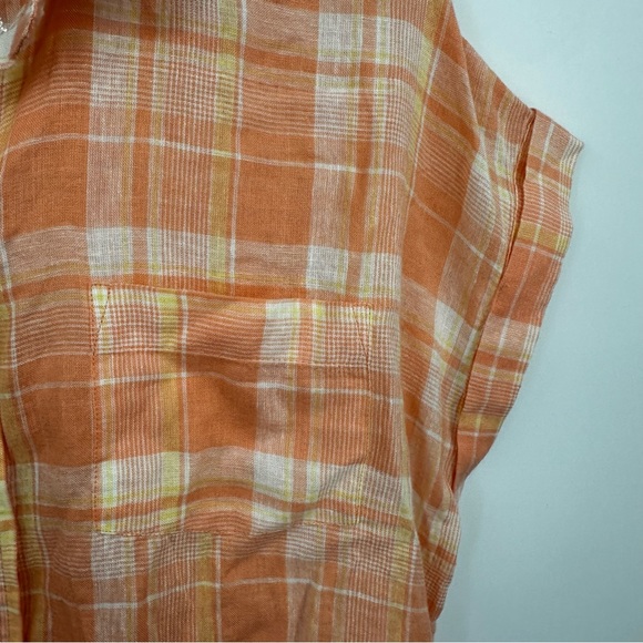 True Craft Orange Plaid Cropped Button Shirt Size Large Linen Blend - Picture 8 of 9